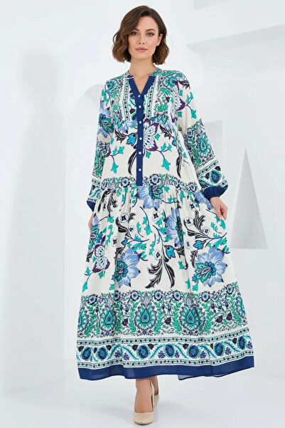 buğrahayalin Women's High Collar Gathered Waist Floral Patterned Viscose Navy...