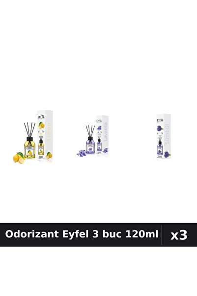 Eyfel Set 3 Odorizante Camera cu Betisoare - Lămâie, Lavandă, Zambile, 120ml