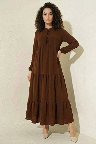 Şeker Portakalım Women's Lace-Up Collar, Gathered Waist, Ruffled Skirt, Sleev...