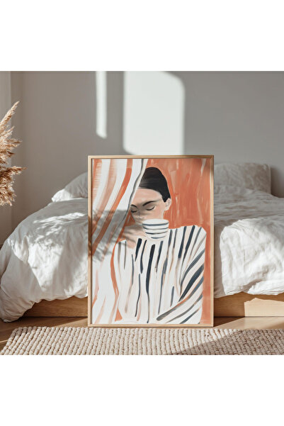 Tuba Decor Едноделна дървена рамкирана картина за маса с жена, държаща чаша з...