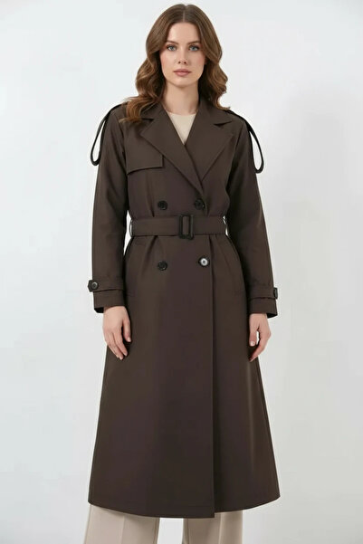 Efnaz style Women's Double Breasted Collar Belted Brown Trench Coat