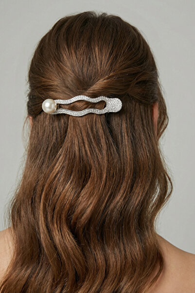 Runades Women's Pearl Detailed Crystal Stone Wave Shaped Snap Hair Clip