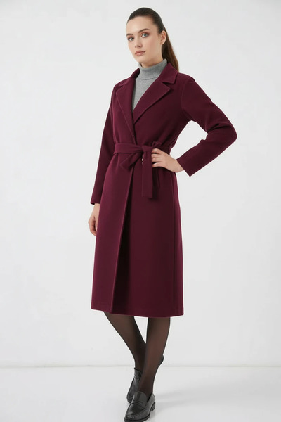 buğrahayalin Women's Double-Breasted Collar Belted Cotton Claret Red Coat