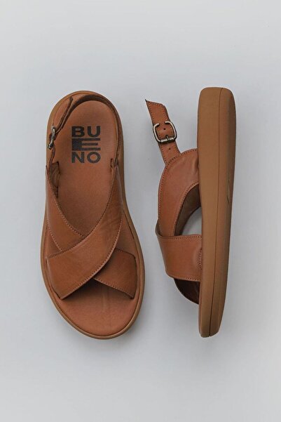 BUENO Shoes Taba Koyu Deri Kadın Dolgu Topuklu Sandalet 01wy2302