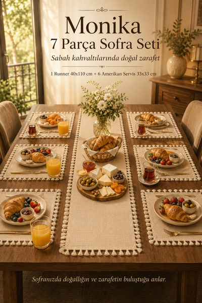 Morlay 7 Parça Monika Sofra Seti 1 Runner 6 Amerikan Servis Supla %100 Pamuklu Buldan Kumaşı Püsküllü Bohem 40x110 Masa Seti