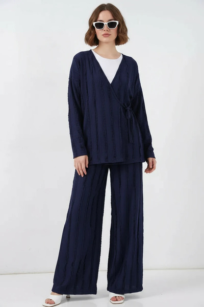 buğrahayalin Women's V-Neck Striped Navy Blue Two-Piece Set
