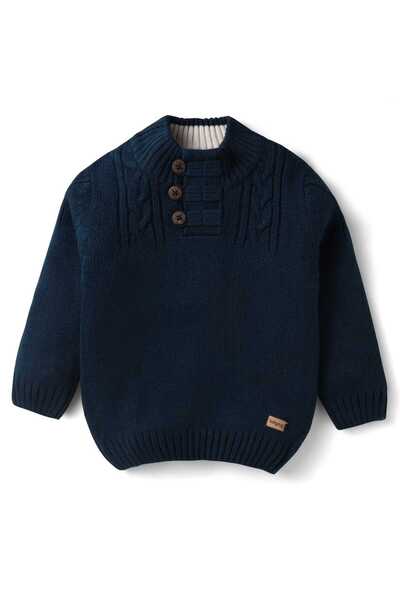 Babyhug Knitted Full Sleeves Pullover Solid Color Sweater - Navy Blue