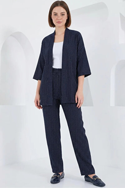 buğrahayalin Women's Kimono Collar Striped Navy Blue Double Set