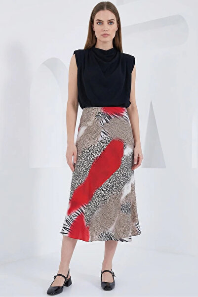 buğrahayalin Women's Animal Patterned Satin Red Black Skirt