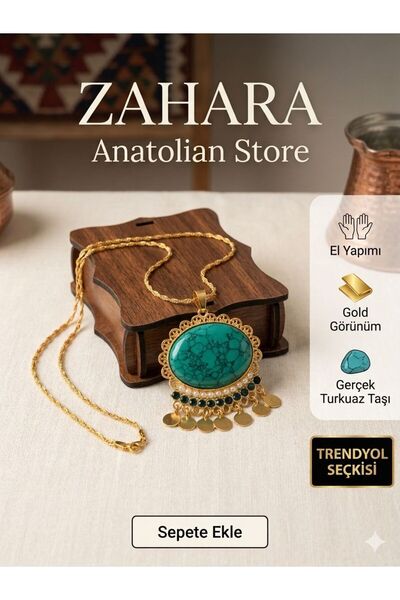 Zahara Anatolian Turkuaz Taşlı Otantik Gold Pullu Kolye