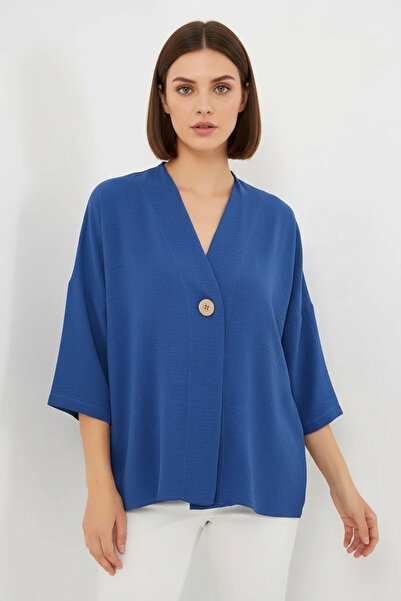 buğrahayalin Women's V-Neck Oversize Short Sleeve Indigo Kimono