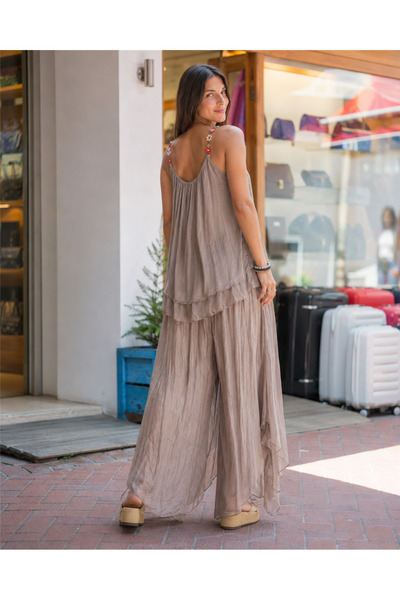 Miss Boheme Mink Color Italian Silk Trousers and Blouse Set
