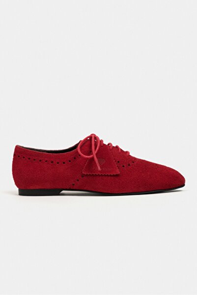 NİŞANTAŞI SHOES Estina Red Suede Leather Pattern Detail Classic Women's Loafe...
