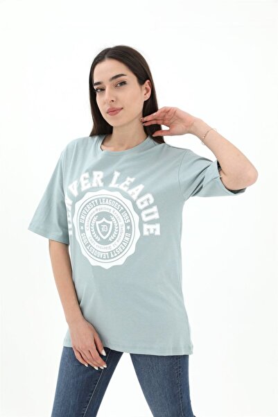 VELİZADE Women's Mint Green Printed Oversize Crew Neck 100% Cotton Casual Sho...
