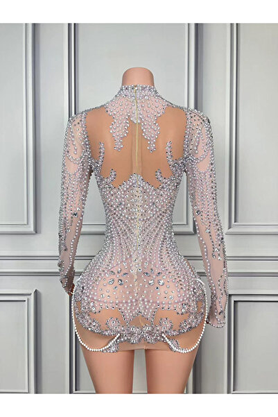 OEM Rochie Dama Scurta De Seara, Cu Strasuri Si Perle, Tip Sheath, Cu Aplicat...