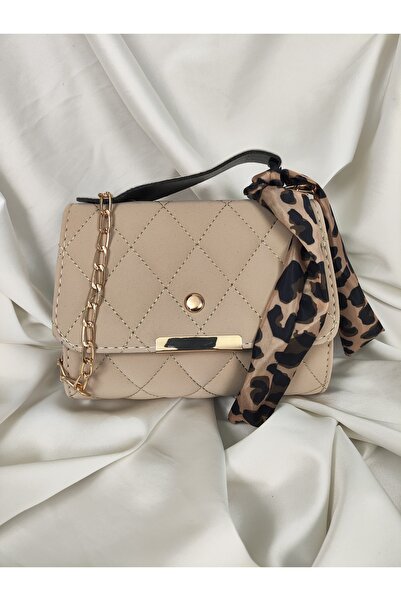 Leaf Accessory Beige Quilted Mini Handbag with Gold Chain Handle and Leopard ...