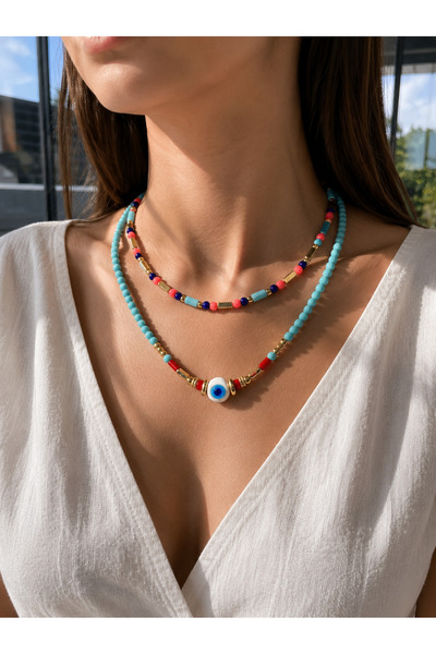 Liva Group Atelier Multi-Colored 2-Piece Combination Necklace with Evil Eye B...