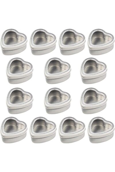 Arabest 14-Pack Heart Shaped Tins,Silver Metal,Clear Window,Decorative Storag...