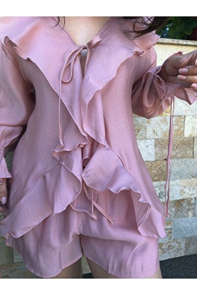 ALUXERA Studio Store Elegant Women's Powder Pink Ruffled Top Bottom Set with ...