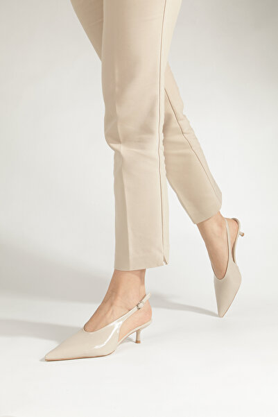 PİMORA Skin-Colored Wrinkled Patent Leather, Pointed Toe, Open Back, 4 cm Thi...