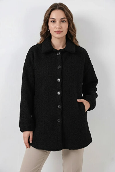 Efnaz style Women's Shirt Collar Boucle Wool Black Jacket