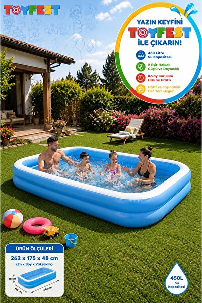 TOYFEST Şişme Aile Havuzu Dikdörtgen Çocuk Havuzu 450 L 2 Boğumlu Bahçe Yazlı...