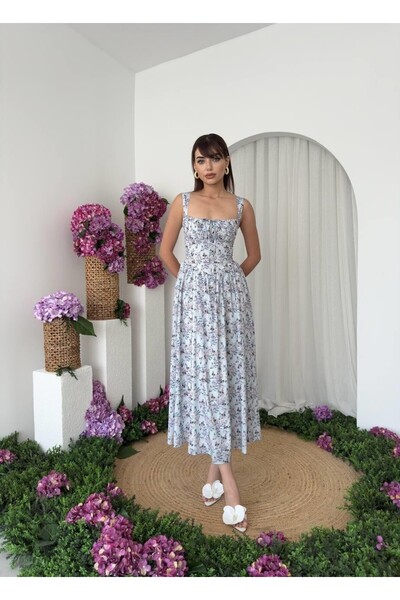 Caddebostan Moda Square Neck Strap Floral Patterned Midi Dress Stylish Summer...