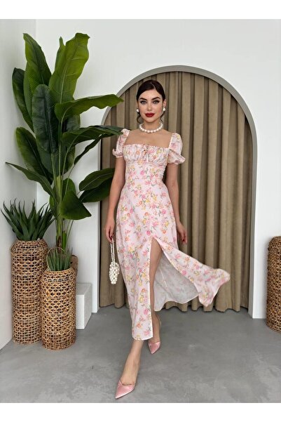 Caddebostan Moda Square Neck Balloon Sleeve Floral Strap Detailed Midi Length...