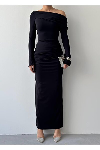 Caddebostan Moda Flowy Detailed Long Sleeve Maxi Evening Dress Strapless Neck...