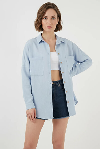 buğrahayalin Women's Oversize Viscose Blue Shirt with Pocket Detail