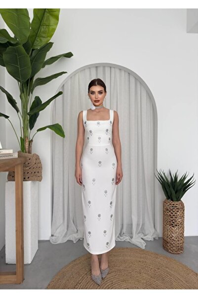 Caddebostan Moda Square Neckline Stone Detailed Midi Evening Dress