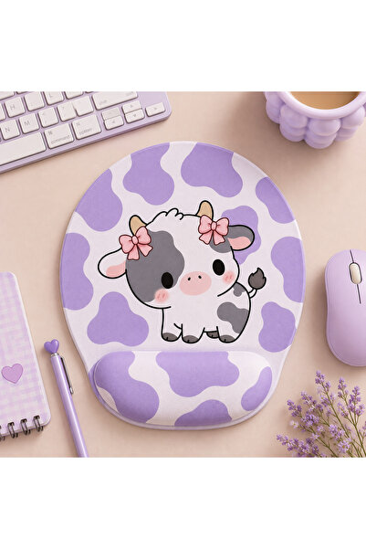 matizya Mor İnek Desenli Oval Bilek Destekli Mousepad Ergonomik Kaymaz Tabanl...