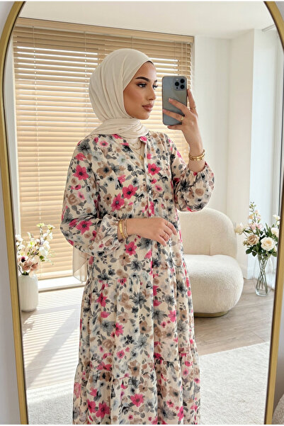 Kirazca Butik Kadın Çiçek Desenli Rahat Kalıp Tesettür Elbise – Kat Kat Düğme...