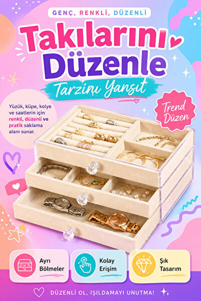 Eco Lounge Kadife Kaplamalı Şeffaf Takı Kutusu Çekmeceli Saat Yüzük Kolye Org...