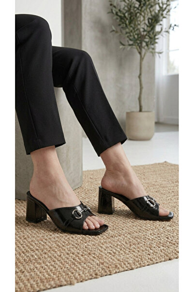BARONES SHOES Women's Black Crinkled Patent Leather Buckled Thick-Heeled Slip...