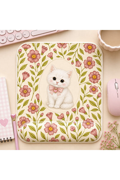 matizya Beyaz Kedi Desenli Kare Bilek Destekli Mousepad 19x23 cm Çiçekli Aest...