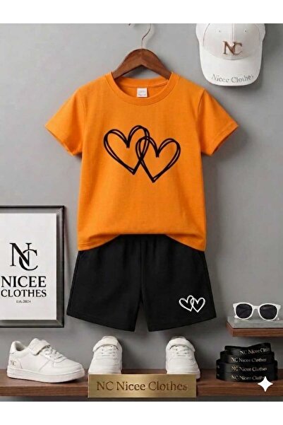 NC Nicee Clothes Summer Children's T-Shirt Shorts Unisex (Black Hearts Print)