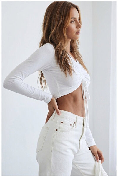ILG Ribbed Long Sleeve Crop Top - Adjustable Front Ruched V-Neck Blouse (One ...