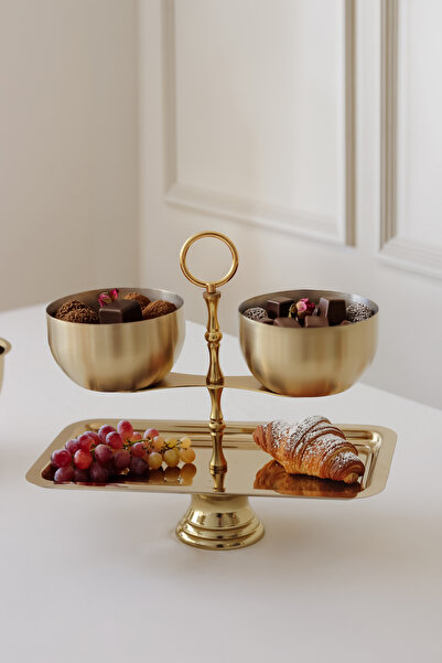 SİNEM YAMAN HOME Gold Brass 2-Tier Serving Tray with Bowls / 2-Tier Serving Tray
