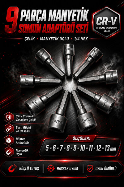 Zephoo Manyetik Somun Adaptörü Seti 9 Parça 5-13 mm CR-V Çelik 1/4 Hex Lokma ...
