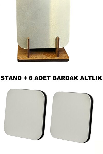 usin Wooden 6-Piece Silver Coaster Stand + 6 Metal Surface Wooden Base Turkis...