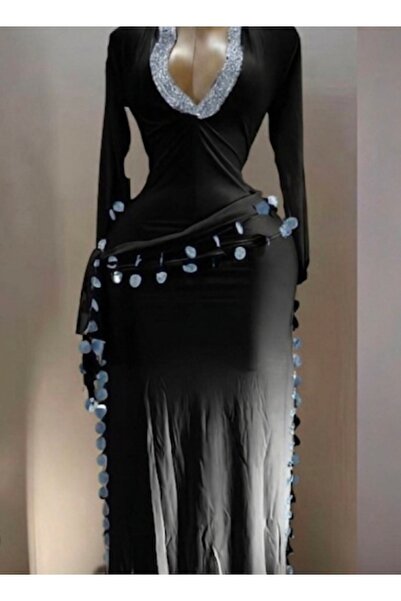 RAHAF TİCARET Costum elegant de dans oriental roșu, din 2 piese, cu fante lat...