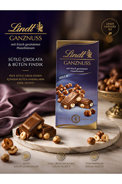 Lindt Ganznuss Sütlü Çikolata Bütün Fındıklı Premium İsviçre Çikolatası 100 g