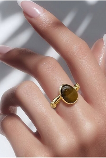 NBS Beautiful Naturel Stones خاتم عين النمر قابل للتعديل مطلي بالنحاس ولون ذهبي