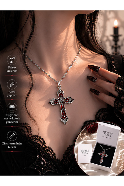 HER ŞEY NOTA www.herseynota.com Kırmızı Gotik Haç Kolye – Vintage Unisex Alte...