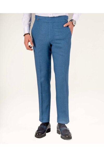TerziAdemAltun Italian Style Slim Fit Linen Blend Men's Trousers Indigo T13795