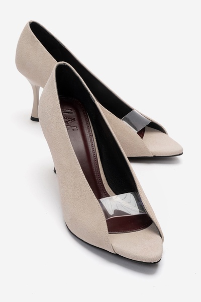 LuviShoes Γυναικεία παπούτσια με τακούνι VARELIA σε μπεζ σουέντ με διάφανες τ...