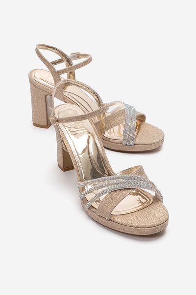 LuviShoes حذاء نسائي من JARENA بكعب سميك ومرصع بالحجارة الذهبية اللامعة