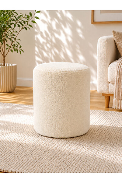 Azra Aksesuar Krem Welsoft Kumaş Puf 40x50 cm Yuvarlak Puf Dekoratif Oturma P...