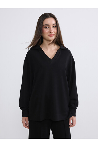 LC Waikiki Black Petite Polo Collar Women's Sweatshirt